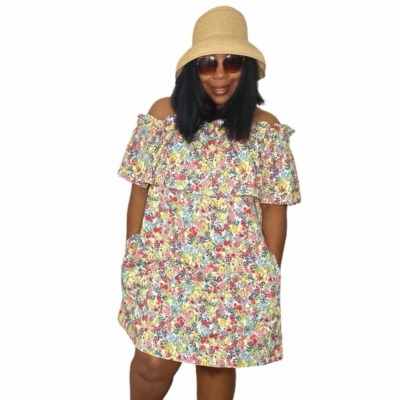Nwot H&M Mini Off Shoulder Dress XL Multicolor Floral Cotton Blend - Picture 1 of 8
